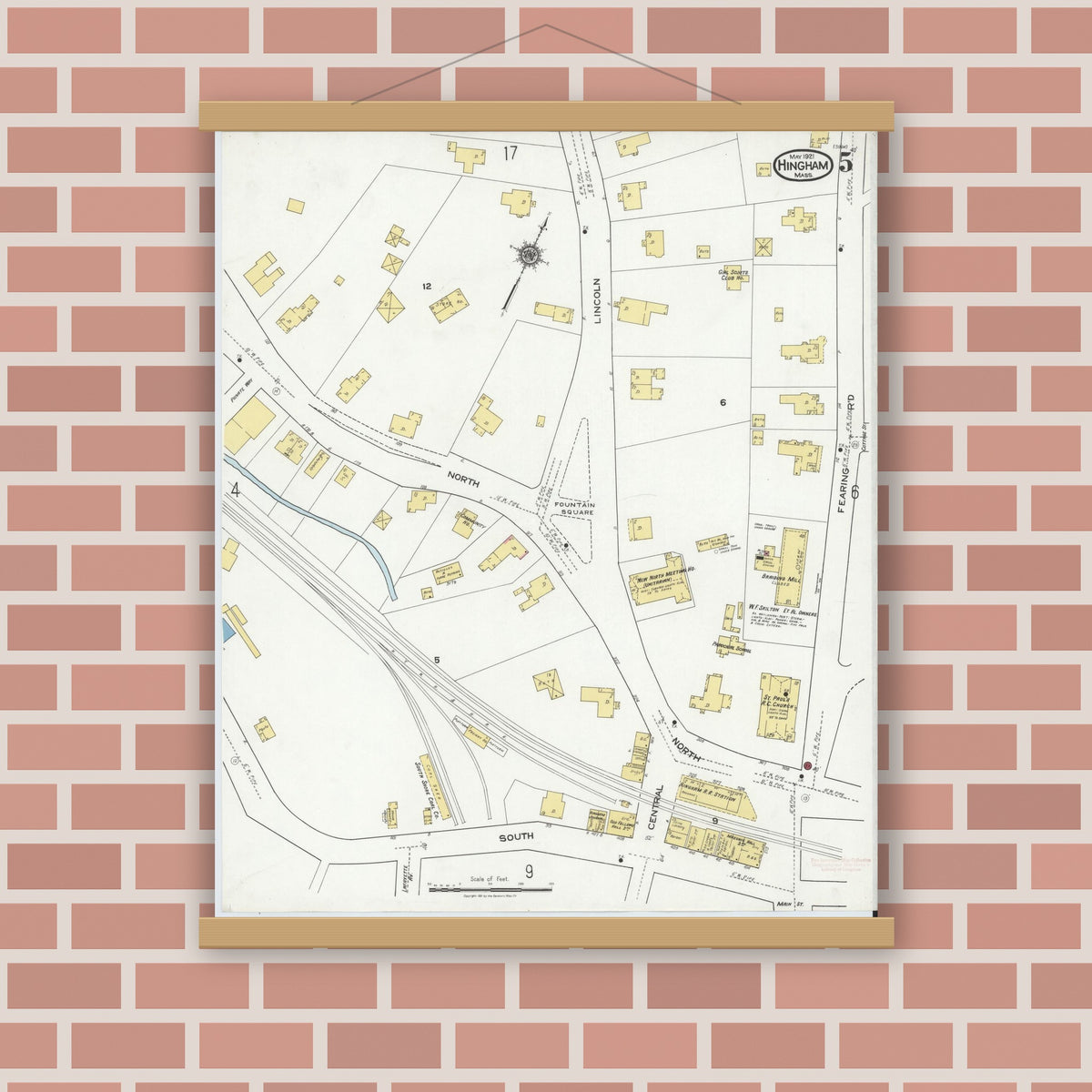 Old map wall art mockup — magnetic wood frame on brick wall — Sanborn Fire Insurance Map from Hingham, Plymouth County, Massachusetts (1921), Sheet #0005