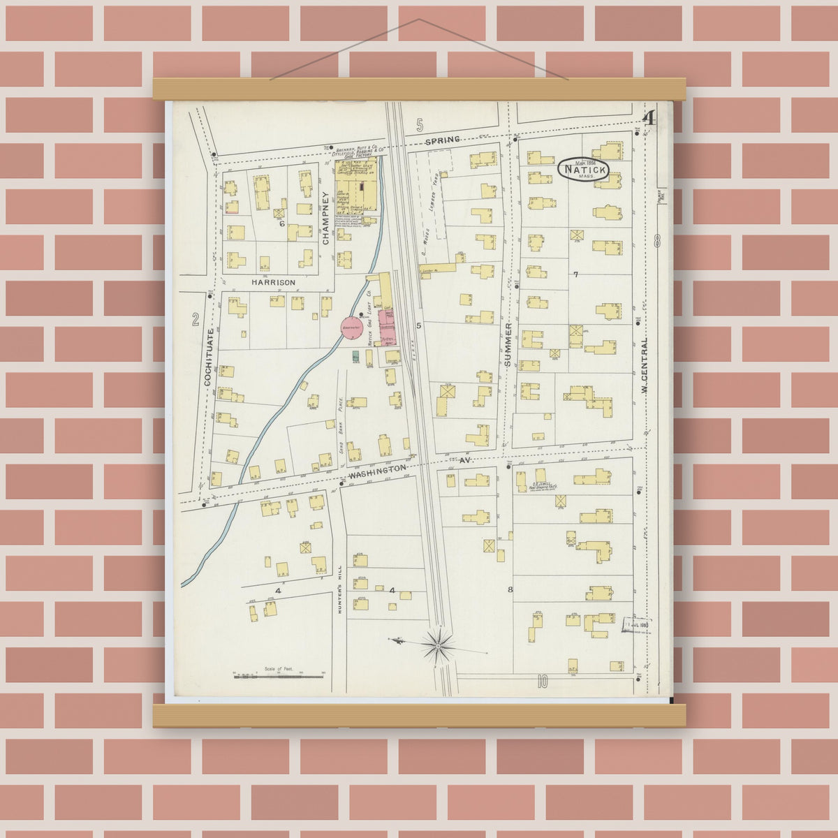 Old map wall art mockup — magnetic wood frame on brick wall — Sanborn Fire Insurance Map from Natick, Middlesex County, Massachusetts (1894), Sheet #0004