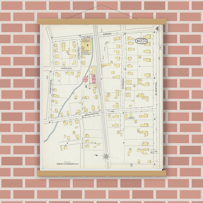 Old map wall art mockup — magnetic wood frame on brick wall — Sanborn Fire Insurance Map from Natick, Middlesex County, Massachusetts (1894), Sheet #0004