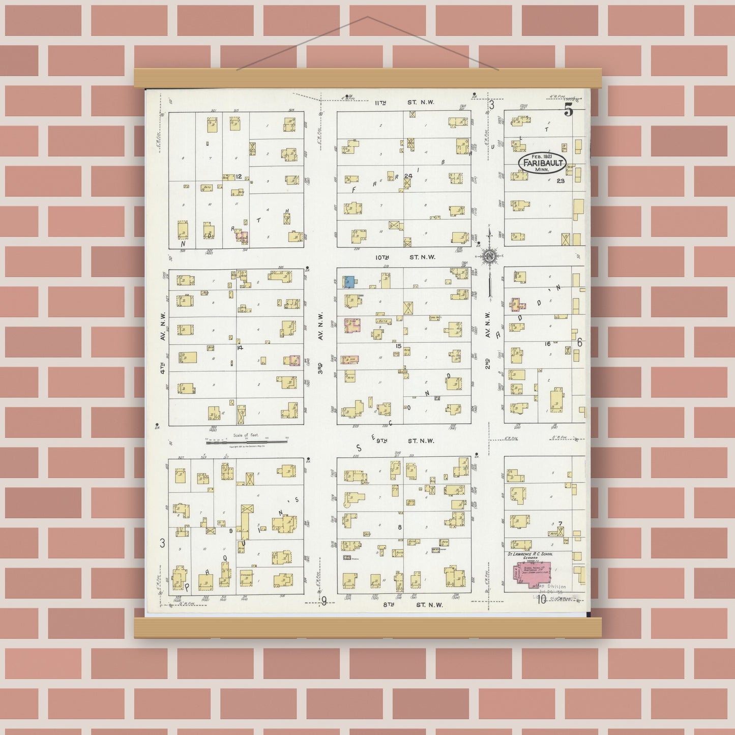 Old map wall art mockup — magnetic wood frame on brick wall — Sanborn Fire Insurance Map from Faribault, Rice County, Minnesota (1921), Sheet #0005