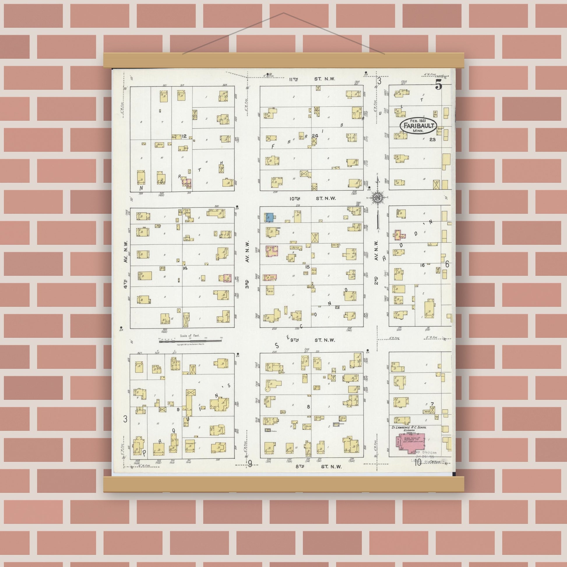 Old map wall art mockup — magnetic wood frame on brick wall — Sanborn Fire Insurance Map from Faribault, Rice County, Minnesota (1921), Sheet #0005