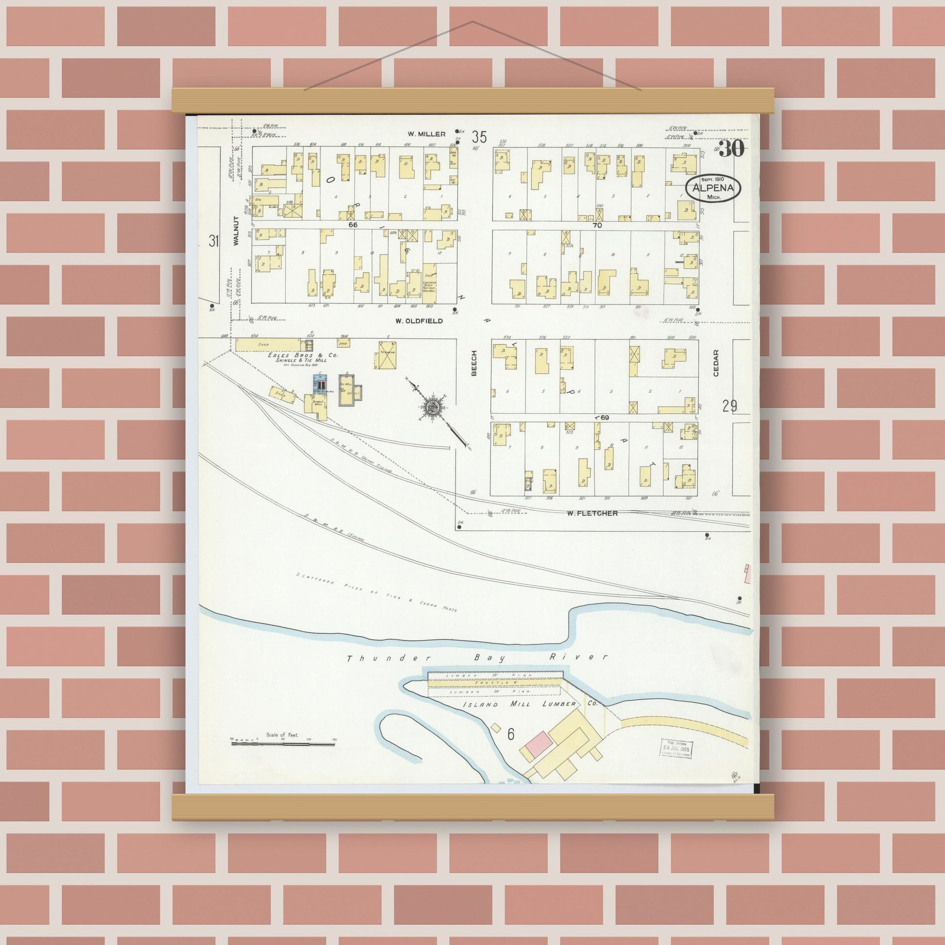 Old map wall art mockup — magnetic wood frame on brick wall — Sanborn Fire Insurance Map from Alpena, Alpena County, Michigan (1910), Sheet #0030