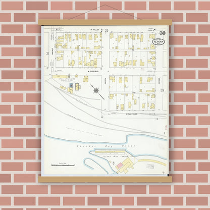 Old map wall art mockup — magnetic wood frame on brick wall — Sanborn Fire Insurance Map from Alpena, Alpena County, Michigan (1910), Sheet #0030