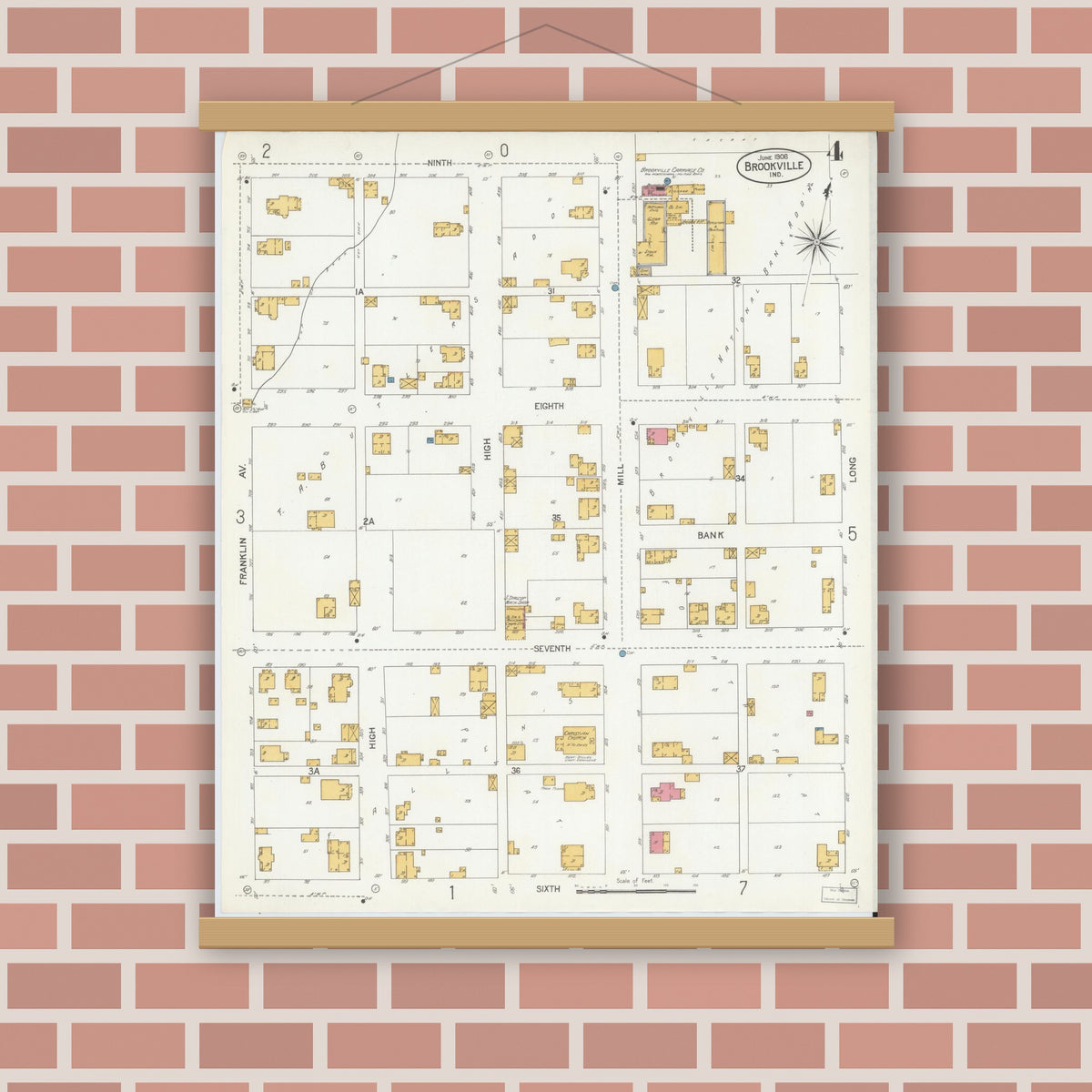 Old map wall art mockup — magnetic wood frame on brick wall — Sanborn Fire Insurance Map from Brookville, Franklin County, Indiana (1906), Sheet #0004