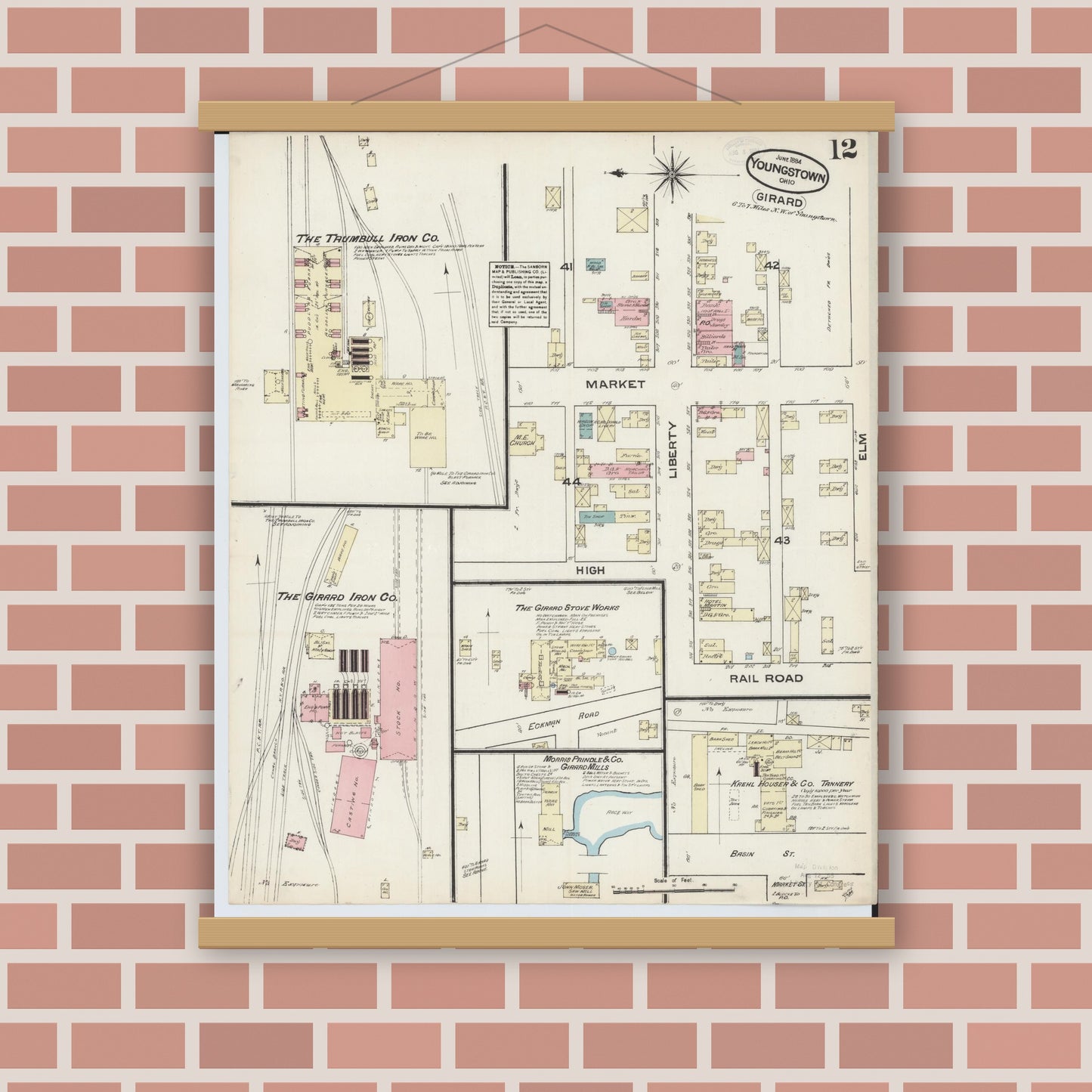 Old map wall art mockup — magnetic wood frame on brick wall — Sanborn Fire Insurance Map from Youngstown, Mahoning County, Ohio (1884), Sheet #0012