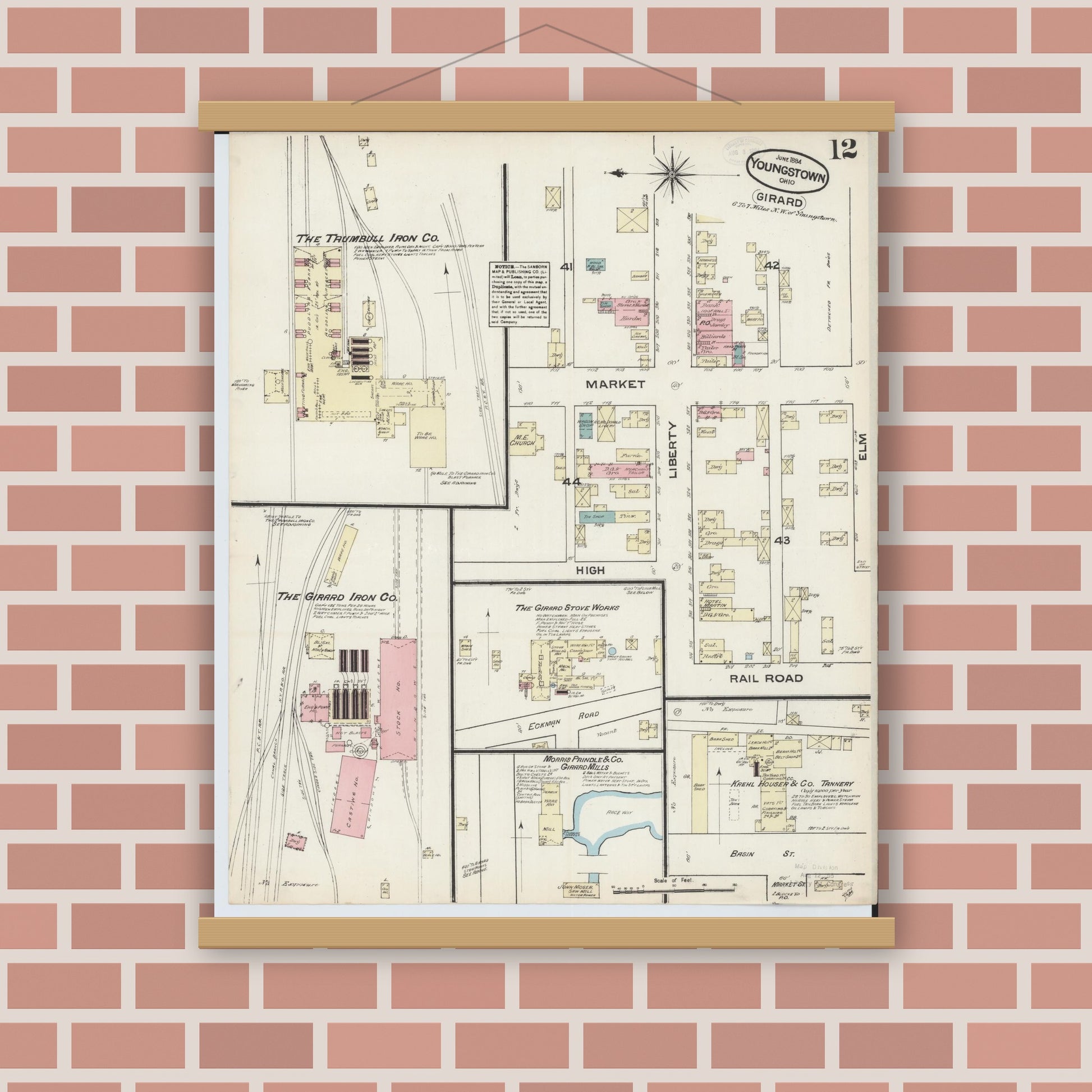 Old map wall art mockup — magnetic wood frame on brick wall — Sanborn Fire Insurance Map from Youngstown, Mahoning County, Ohio (1884), Sheet #0012