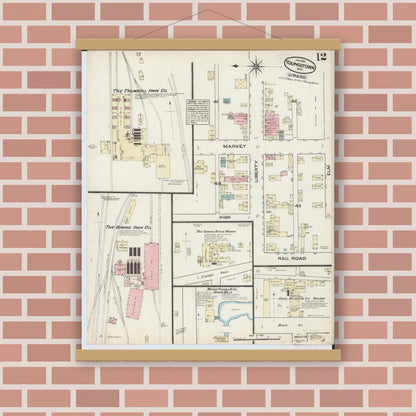 Old map wall art mockup — magnetic wood frame on brick wall — Sanborn Fire Insurance Map from Youngstown, Mahoning County, Ohio (1884), Sheet #0012