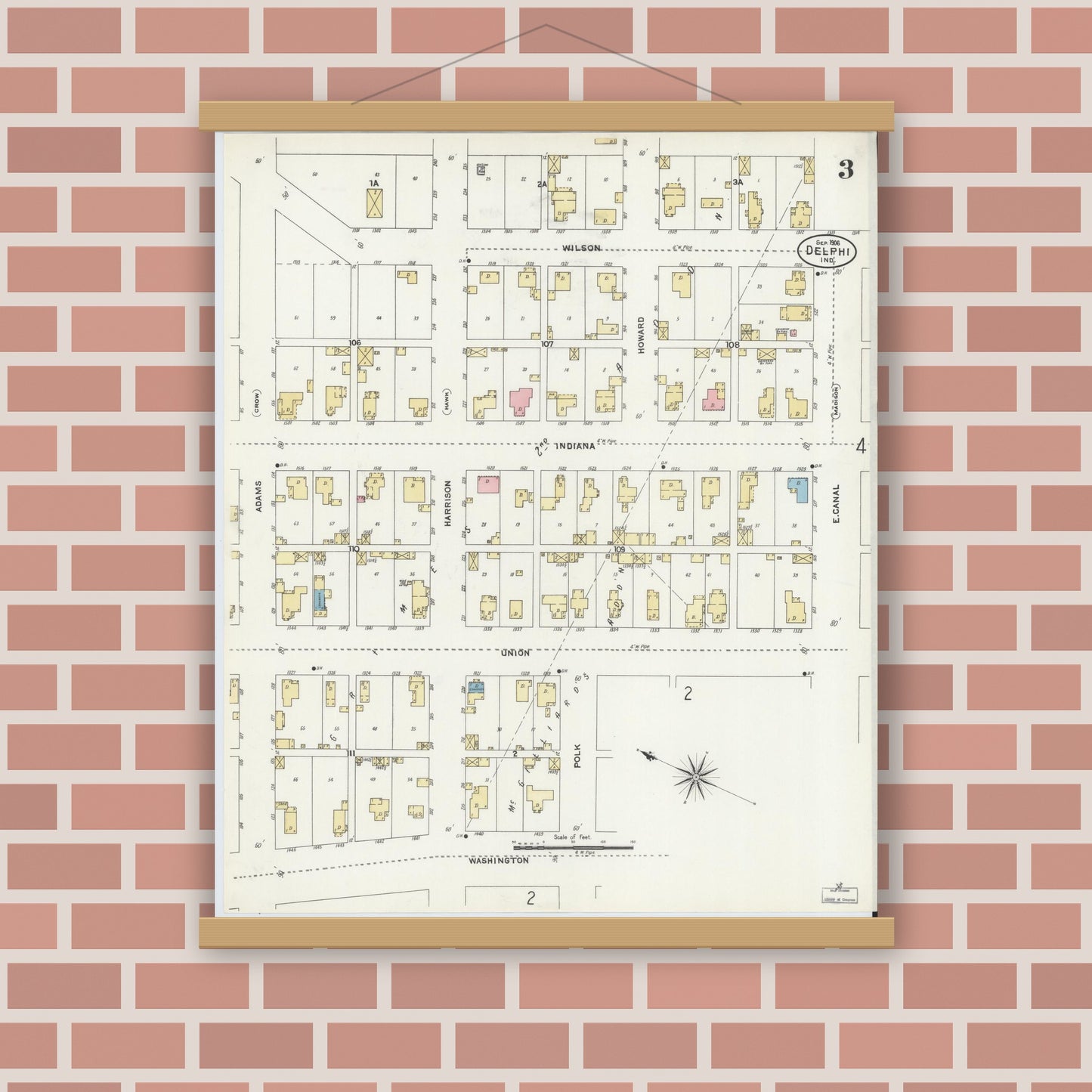 Old map wall art mockup — magnetic wood frame on brick wall — Sanborn Fire Insurance Map from Delphi, Carroll County, Indiana (1906), Sheet #0003