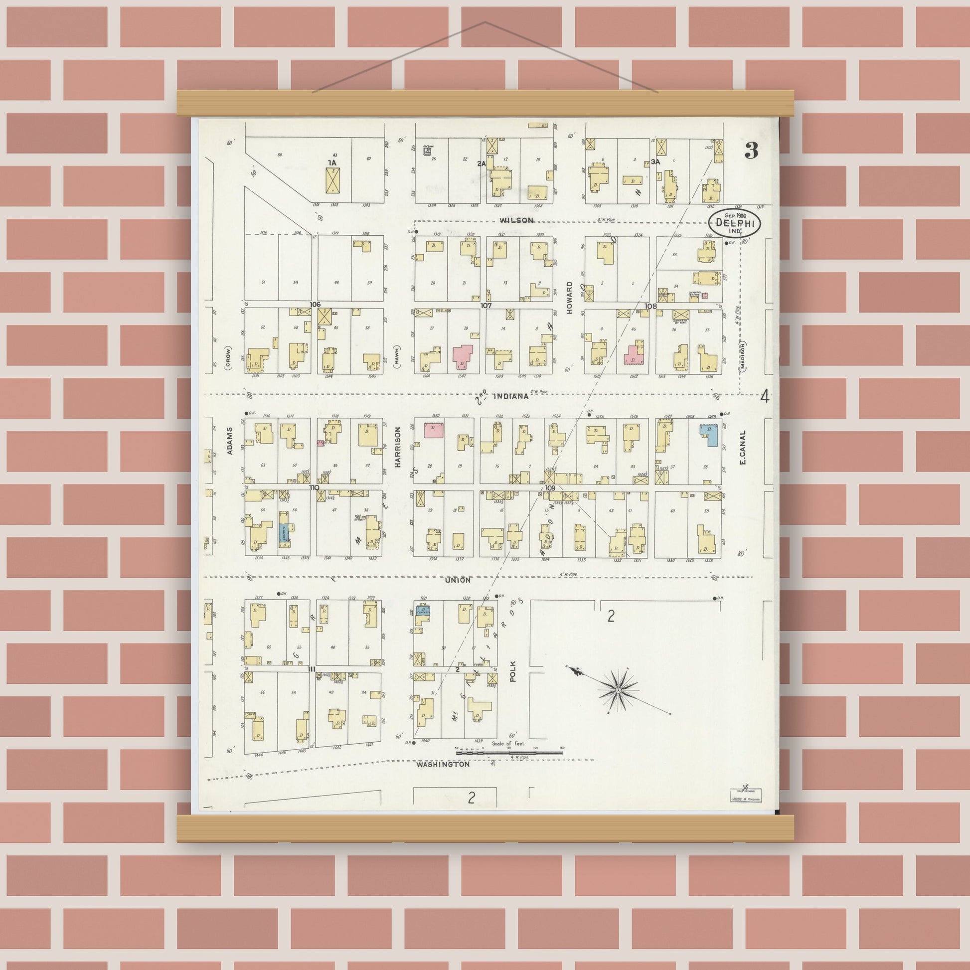 Old map wall art mockup — magnetic wood frame on brick wall — Sanborn Fire Insurance Map from Delphi, Carroll County, Indiana (1906), Sheet #0003