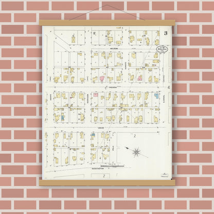 Old map wall art mockup — magnetic wood frame on brick wall — Sanborn Fire Insurance Map from Delphi, Carroll County, Indiana (1906), Sheet #0003