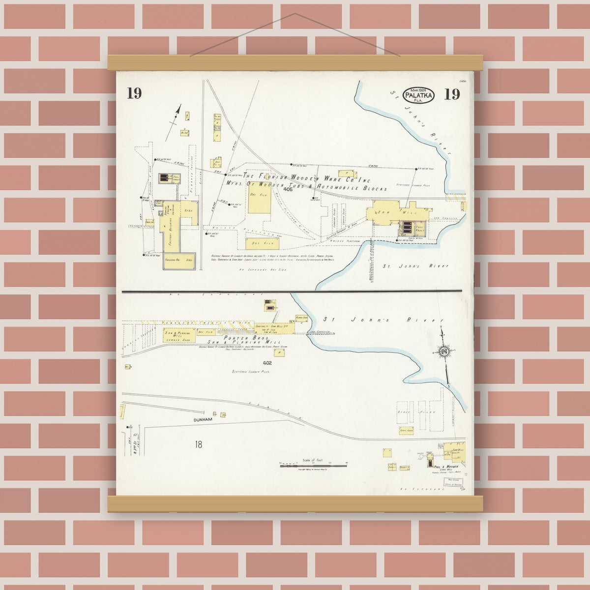Old map wall art mockup — magnetic wood frame on brick wall — Sanborn Fire Insurance Map from Palatka, Putnam County, Florida (1924), Sheet #0019