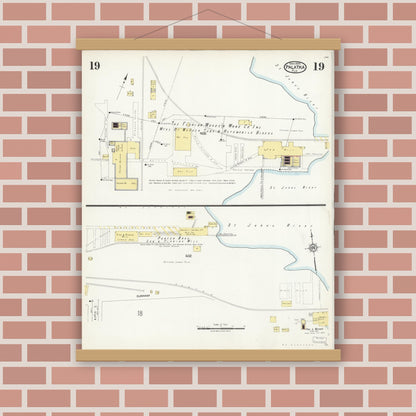 Old map wall art mockup — magnetic wood frame on brick wall — Sanborn Fire Insurance Map from Palatka, Putnam County, Florida (1924), Sheet #0019