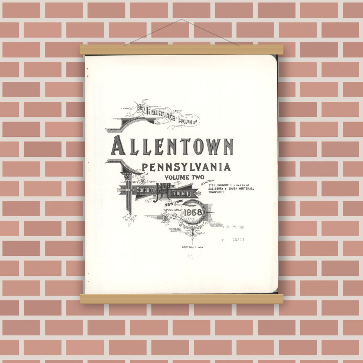 Old map wall art mockup — magnetic wood frame on brick wall — Sanborn Fire Insurance Map from Allentown, Lehigh County, Pennsylvania (1958), Sheet #0001