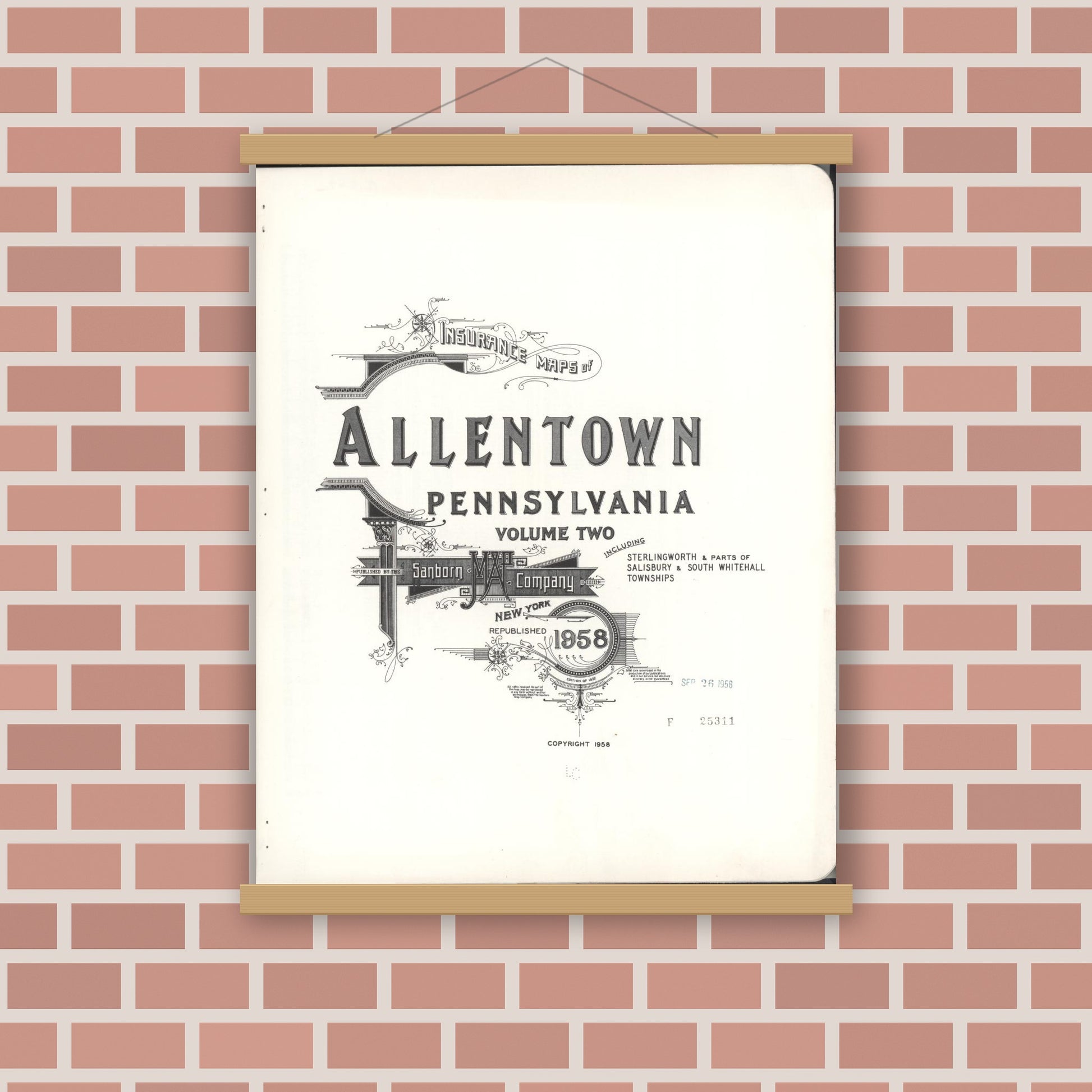 Old map wall art mockup — magnetic wood frame on brick wall — Sanborn Fire Insurance Map from Allentown, Lehigh County, Pennsylvania (1958), Sheet #0001