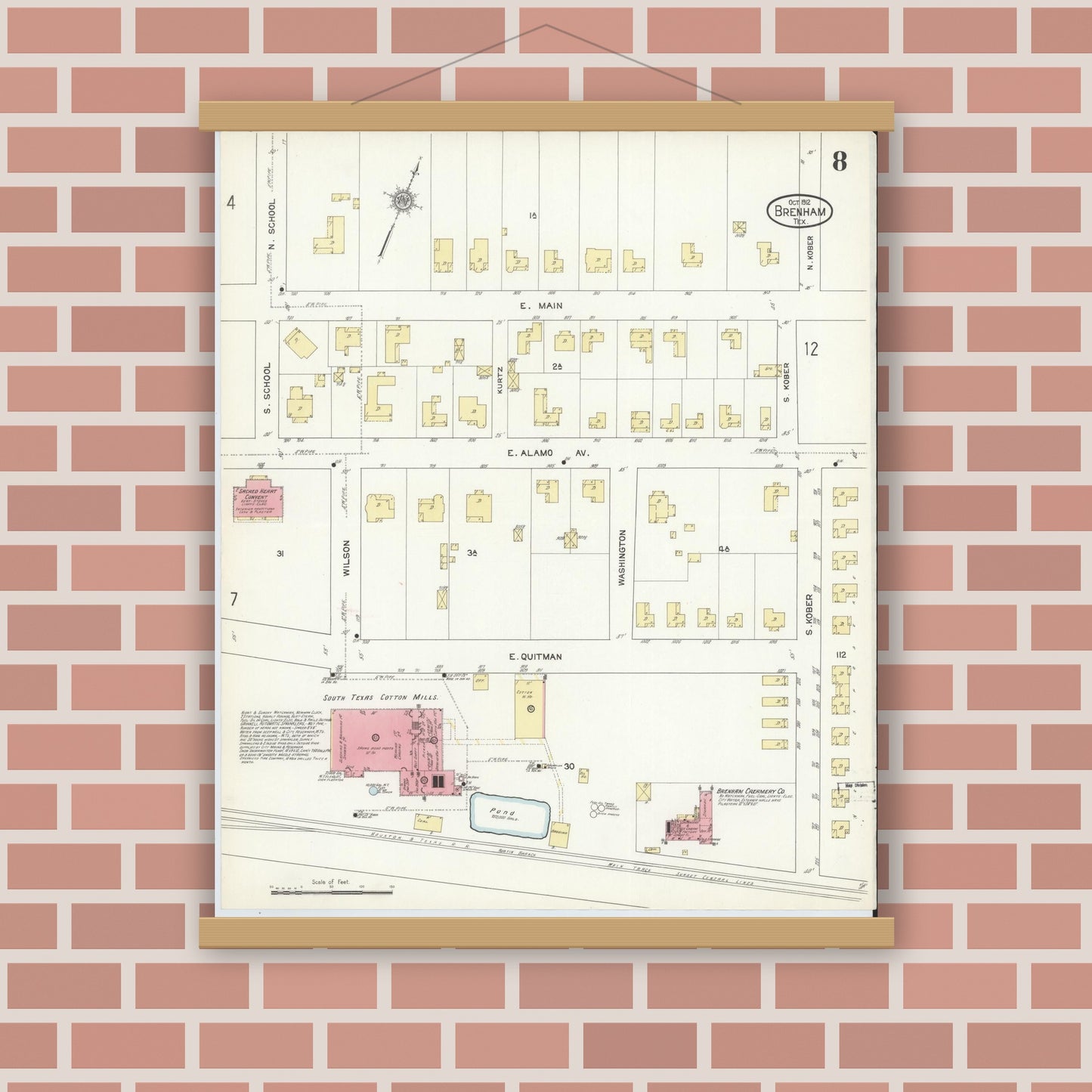 Old map wall art mockup — magnetic wood frame on brick wall — Sanborn Fire Insurance Map from Brenham, Washington County, Texas (1912), Sheet #0008