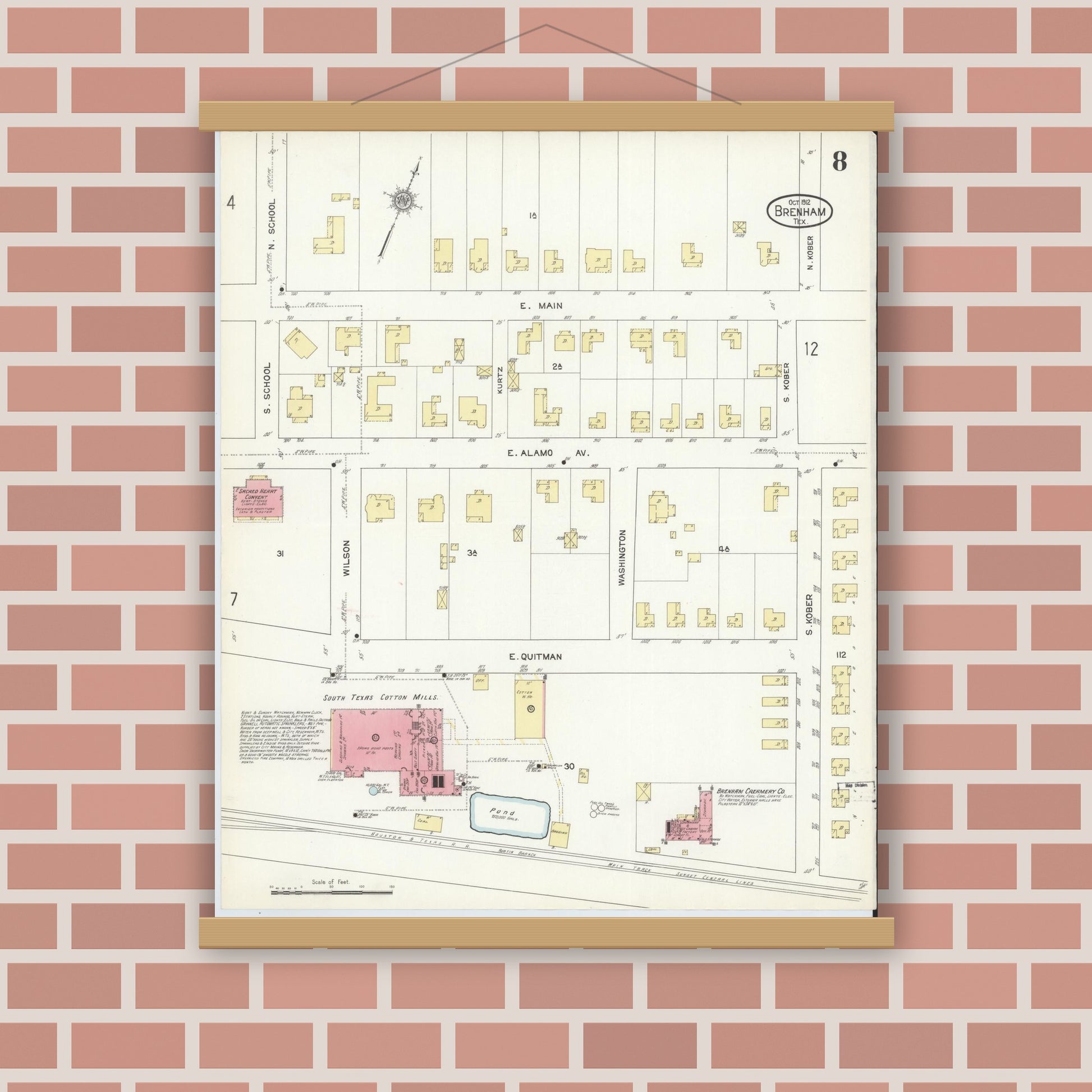 Old map wall art mockup — magnetic wood frame on brick wall — Sanborn Fire Insurance Map from Brenham, Washington County, Texas (1912), Sheet #0008