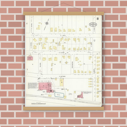 Old map wall art mockup — magnetic wood frame on brick wall — Sanborn Fire Insurance Map from Brenham, Washington County, Texas (1912), Sheet #0008