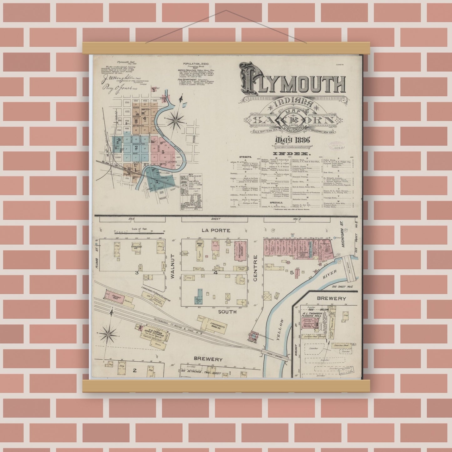 Old map wall art mockup — magnetic wood frame on brick wall — Sanborn Fire Insurance Map from Plymouth, Marhshall County, Indiana (1886), Sheet #0001