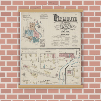 Old map wall art mockup — magnetic wood frame on brick wall — Sanborn Fire Insurance Map from Plymouth, Marhshall County, Indiana (1886), Sheet #0001