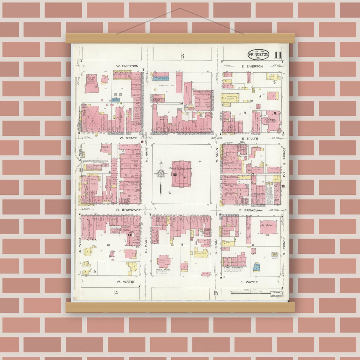 Old map wall art mockup — magnetic wood frame on brick wall — Sanborn Fire Insurance Map from Princeton, Gibson County, Indiana (1914), Sheet #0011