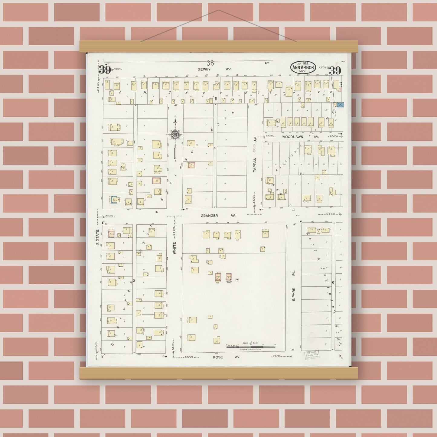 Old map wall art mockup — magnetic wood frame on brick wall — Sanborn Fire Insurance Map from Ann Arbor, Washtenaw County, Michigan (1925), Sheet #0039