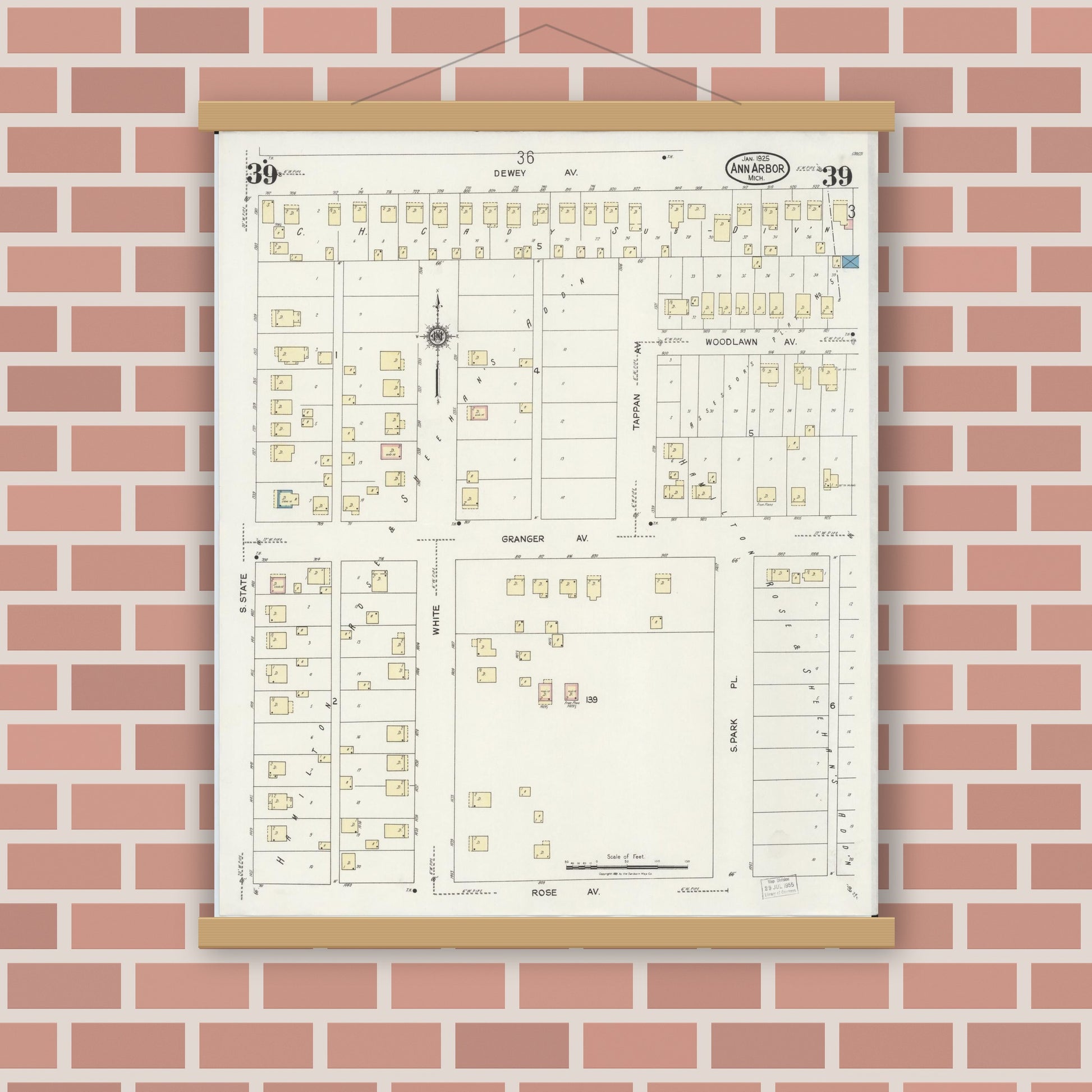 Old map wall art mockup — magnetic wood frame on brick wall — Sanborn Fire Insurance Map from Ann Arbor, Washtenaw County, Michigan (1925), Sheet #0039