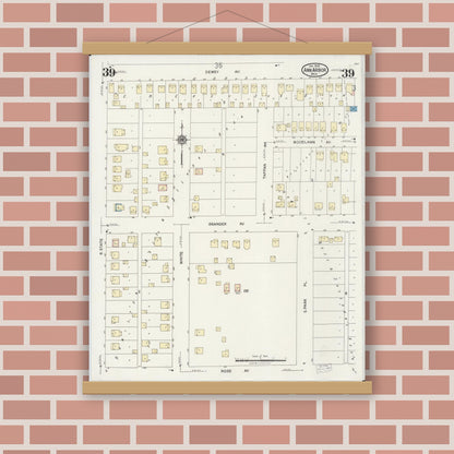 Old map wall art mockup — magnetic wood frame on brick wall — Sanborn Fire Insurance Map from Ann Arbor, Washtenaw County, Michigan (1925), Sheet #0039