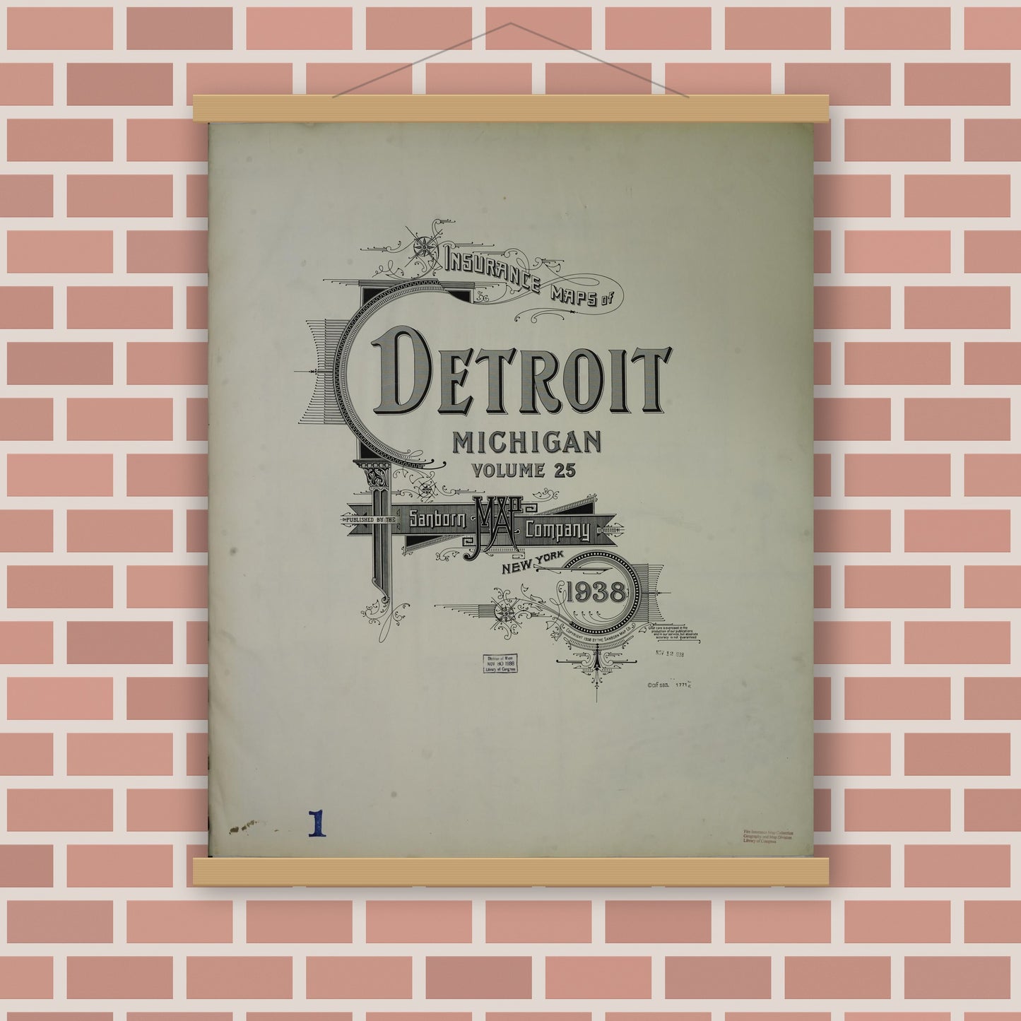 Old map wall art mockup — magnetic wood frame on brick wall — Sanborn Fire Insurance Map from Detroit, Wayne County, Michigan (1938), Sheet #0001