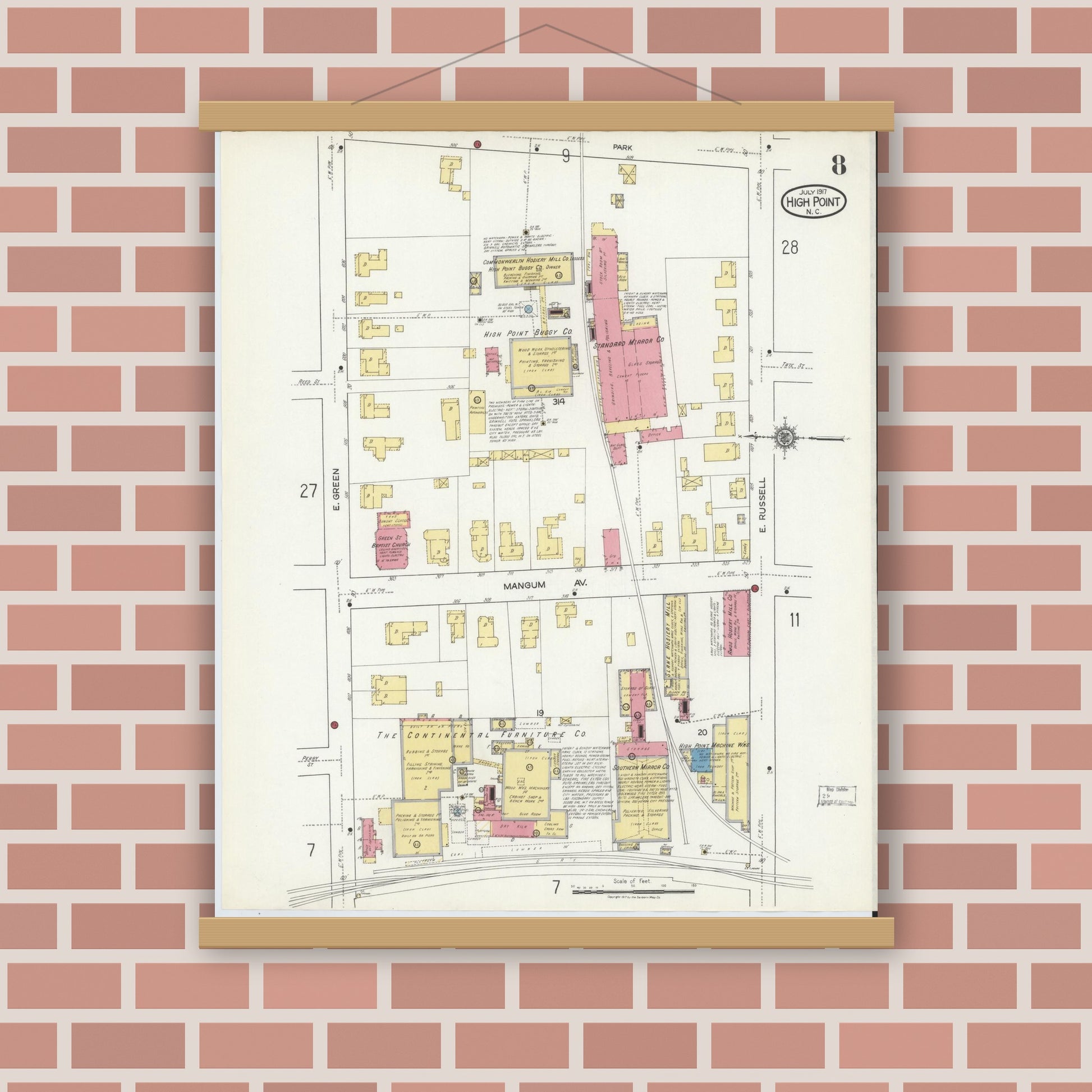 Old map wall art mockup — magnetic wood frame on brick wall — Sanborn Fire Insurance Map from High Point, Guilford County, North Carolina (1917), Sheet #0008