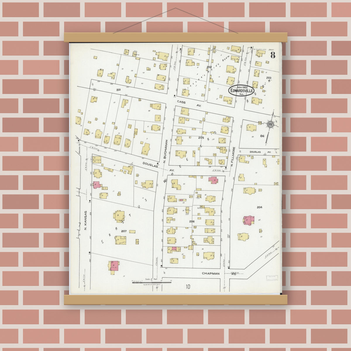 Old map wall art mockup — magnetic wood frame on brick wall — Sanborn Fire Insurance Map from Edwardsville, Madison County, Illinois (1921), Sheet #0008