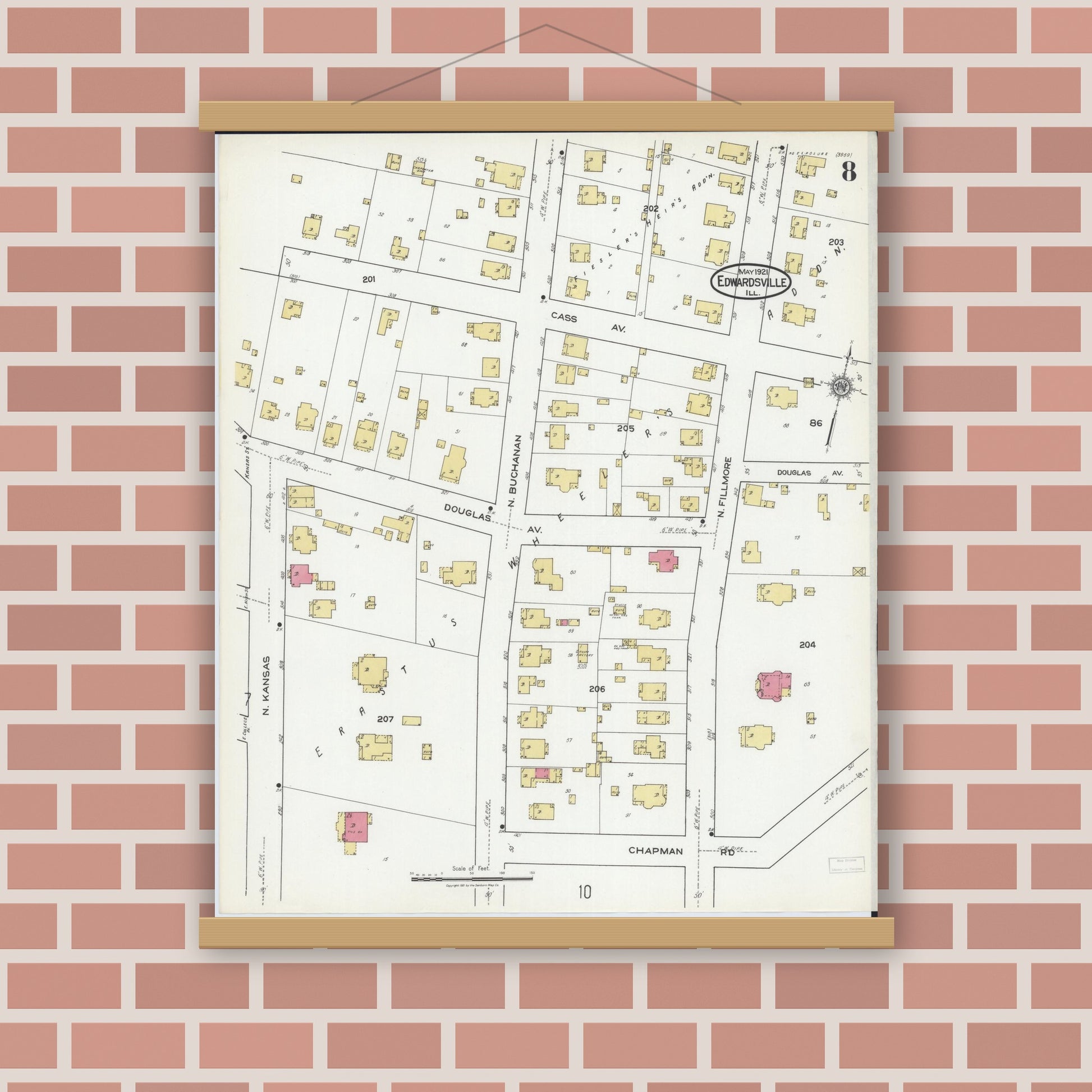 Old map wall art mockup — magnetic wood frame on brick wall — Sanborn Fire Insurance Map from Edwardsville, Madison County, Illinois (1921), Sheet #0008
