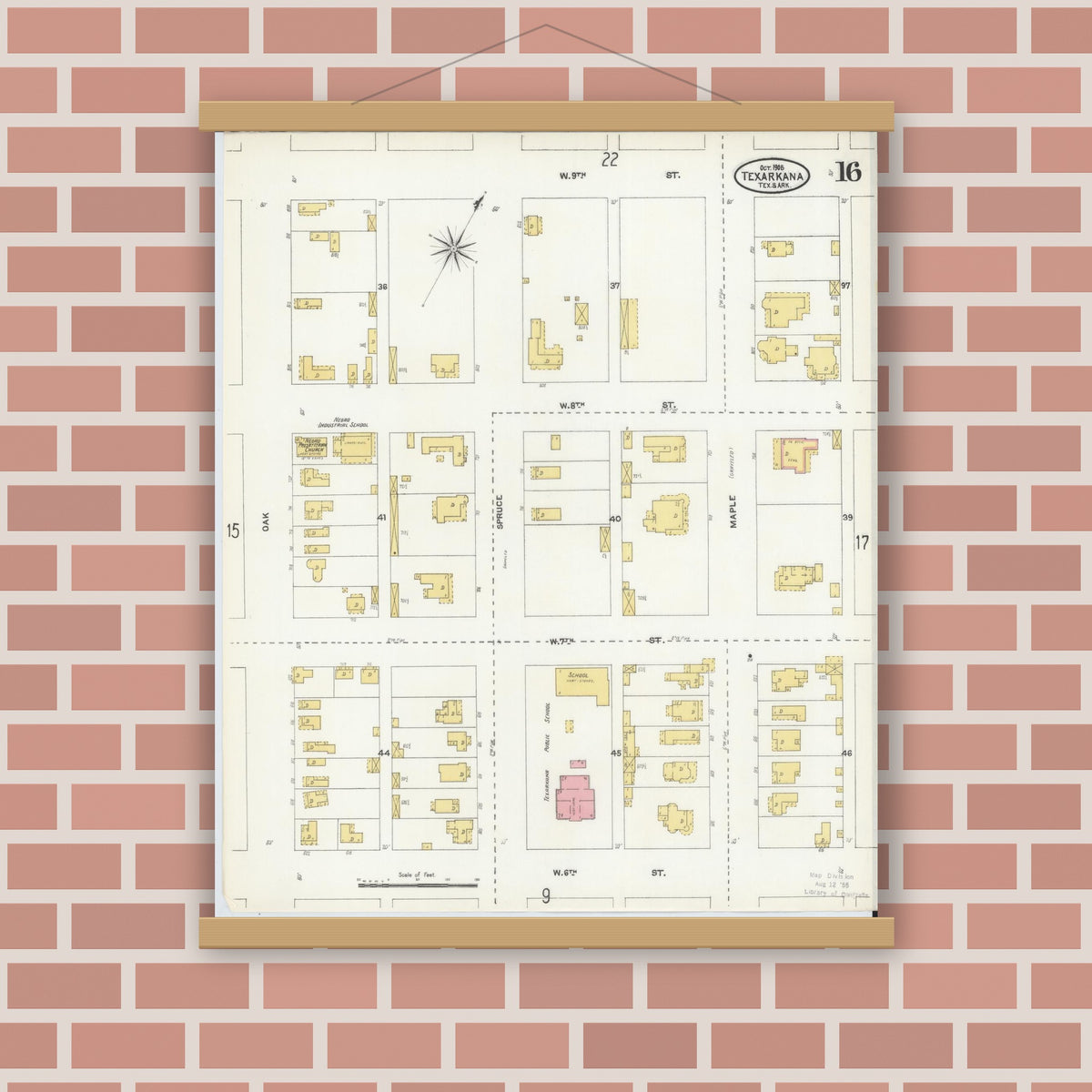 Old map wall art mockup — magnetic wood frame on brick wall — Sanborn Fire Insurance Map from Texarkana, Bowie County, Texas (1905), Sheet #0016