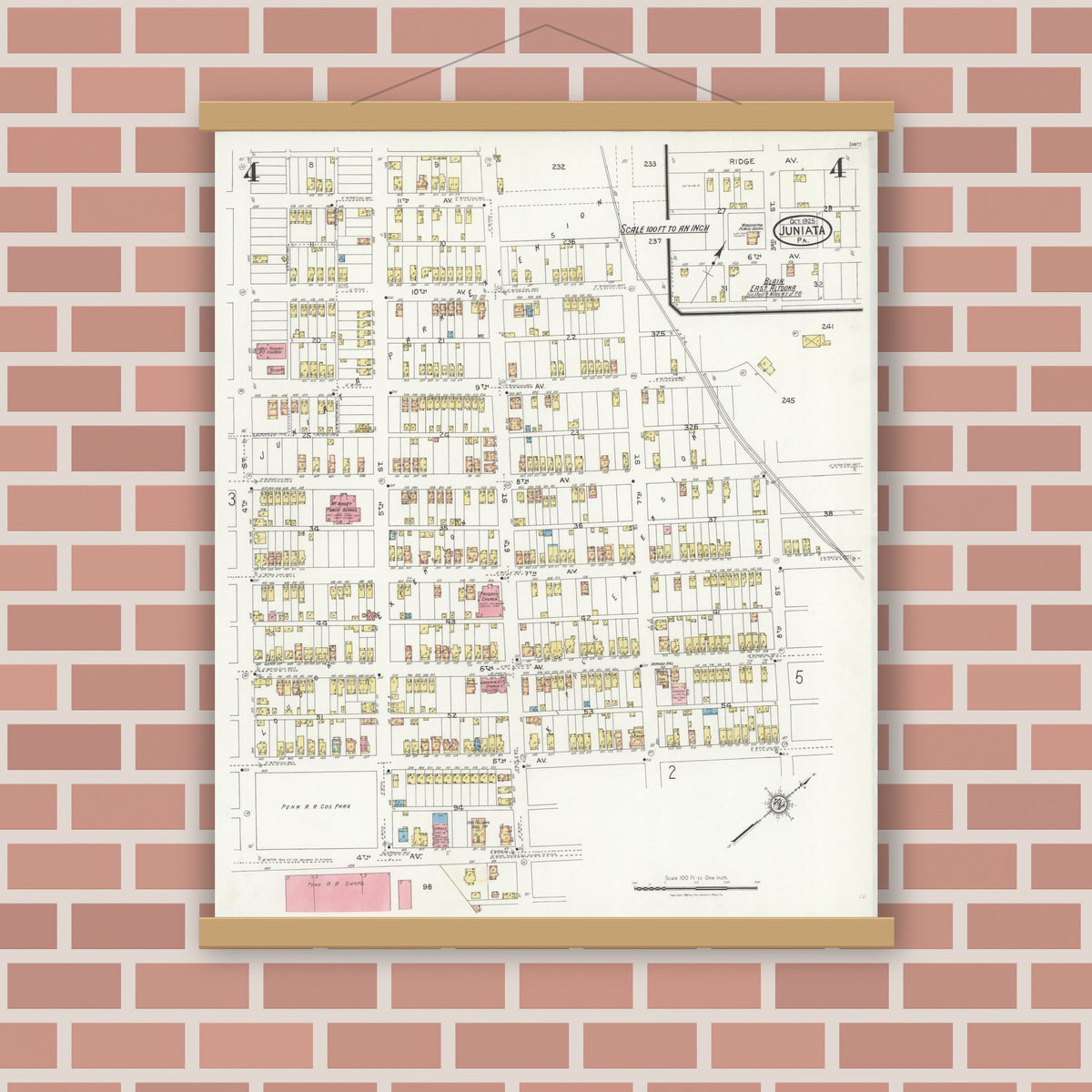 Old map wall art mockup — magnetic wood frame on brick wall — Sanborn Fire Insurance Map from Juniata, Blair County, Pennsylvania (1925), Sheet #0004