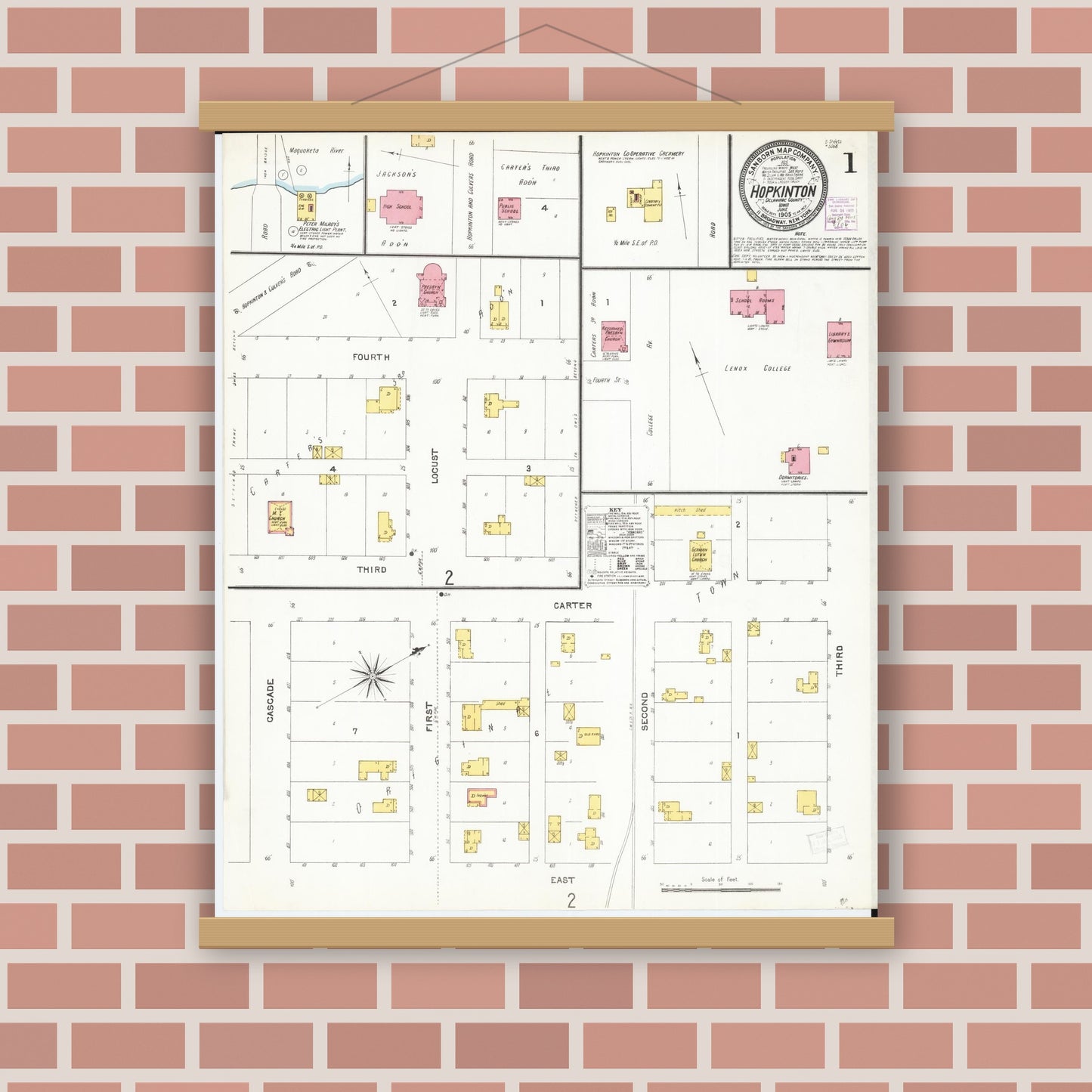 Old map wall art mockup — magnetic wood frame on brick wall — Sanborn Fire Insurance Map from Hopkinton, Delaware County, Iowa (1905), Sheet #0001