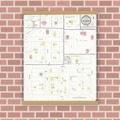 Old map wall art mockup — magnetic wood frame on brick wall — Sanborn Fire Insurance Map from Hopkinton, Delaware County, Iowa (1905), Sheet #0001