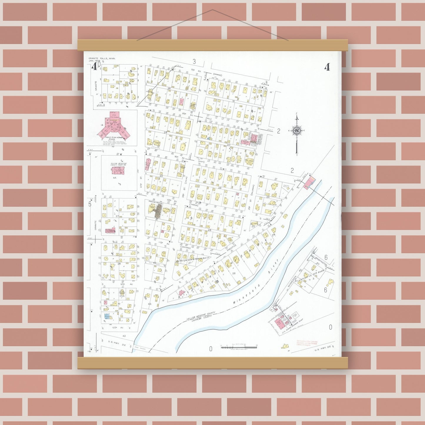 Old map wall art mockup — magnetic wood frame on brick wall — Sanborn Fire Insurance Map from Granite Falls, Yellow Medicine And Chippewa Counties, Minnesota (1949), Sheet #0004