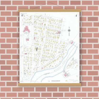 Old map wall art mockup — magnetic wood frame on brick wall — Sanborn Fire Insurance Map from Granite Falls, Yellow Medicine And Chippewa Counties, Minnesota (1949), Sheet #0004