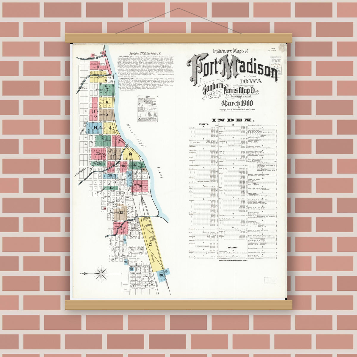 Old map wall art mockup — magnetic wood frame on brick wall — Sanborn Fire Insurance Map from Fort Madison, Lee County, Iowa (1900) â€” Complete Set
