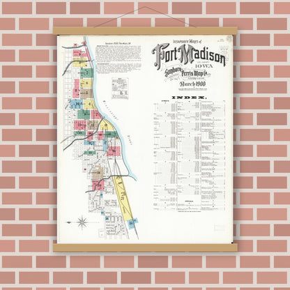 Old map wall art mockup — magnetic wood frame on brick wall — Sanborn Fire Insurance Map from Fort Madison, Lee County, Iowa (1900) â€” Complete Set