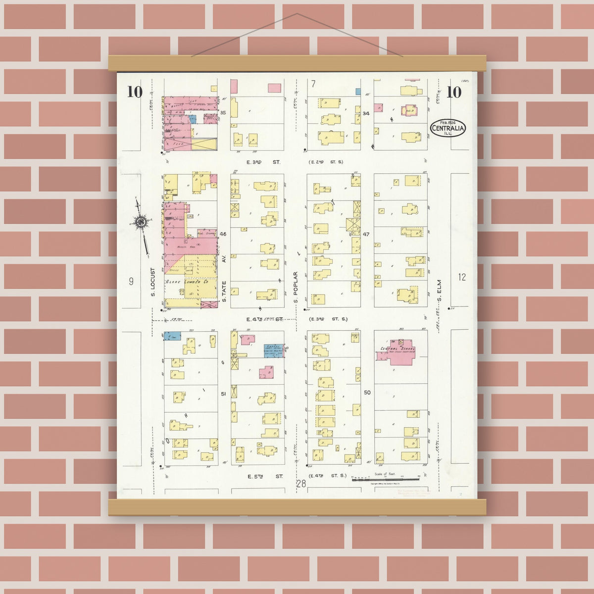 Old map wall art mockup — magnetic wood frame on brick wall — Sanborn Fire Insurance Map from Centralia, Marion, Clinton, Jefferson, and Washington Counties, Illinois (1924), Sheet #0010