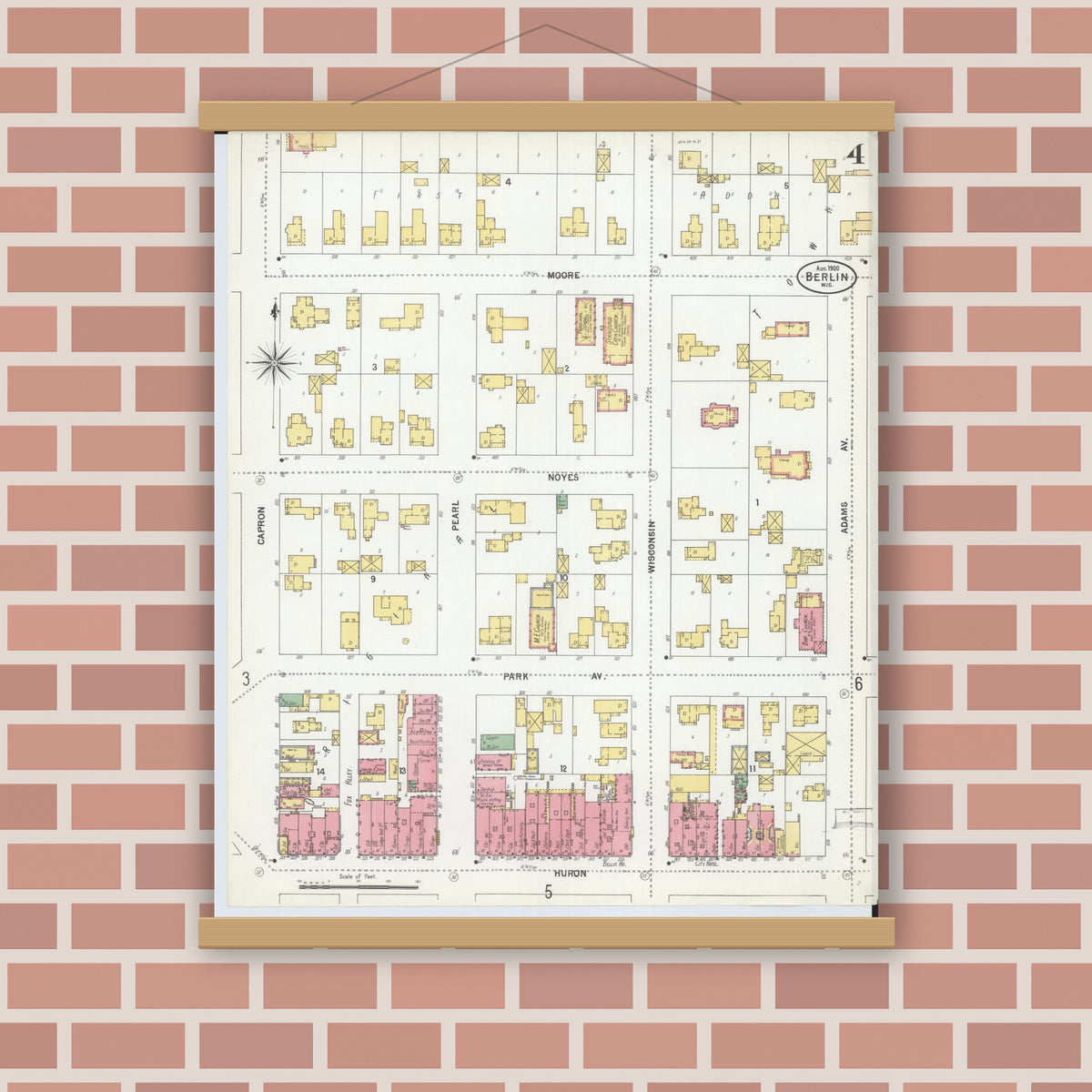 Old map wall art mockup — magnetic wood frame on brick wall — Sanborn Fire Insurance Map from Berlin, Green Lake County, Wisconsin (1900), Sheet #0004
