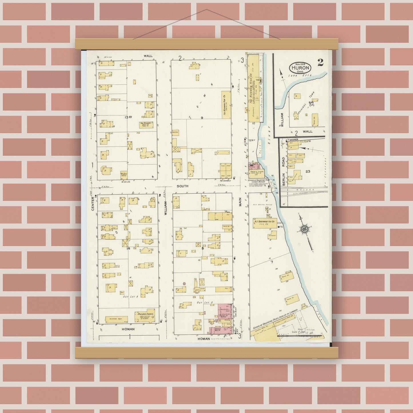 Old map wall art mockup — magnetic wood frame on brick wall — Sanborn Fire Insurance Map from Huron, Erie County, Ohio (1916), Sheet #0002