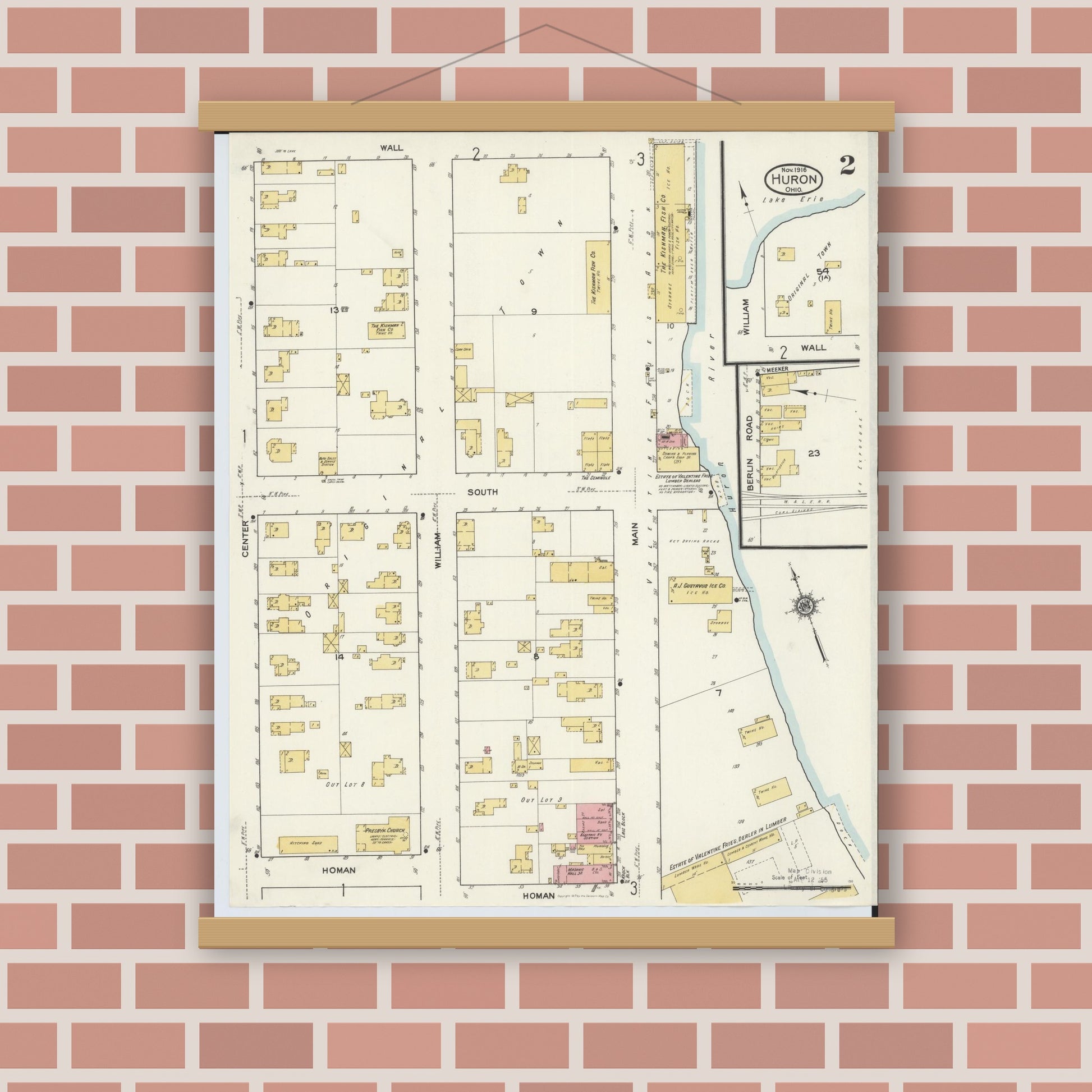 Old map wall art mockup — magnetic wood frame on brick wall — Sanborn Fire Insurance Map from Huron, Erie County, Ohio (1916), Sheet #0002
