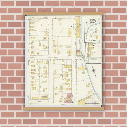 Old map wall art mockup — magnetic wood frame on brick wall — Sanborn Fire Insurance Map from Huron, Erie County, Ohio (1916), Sheet #0002