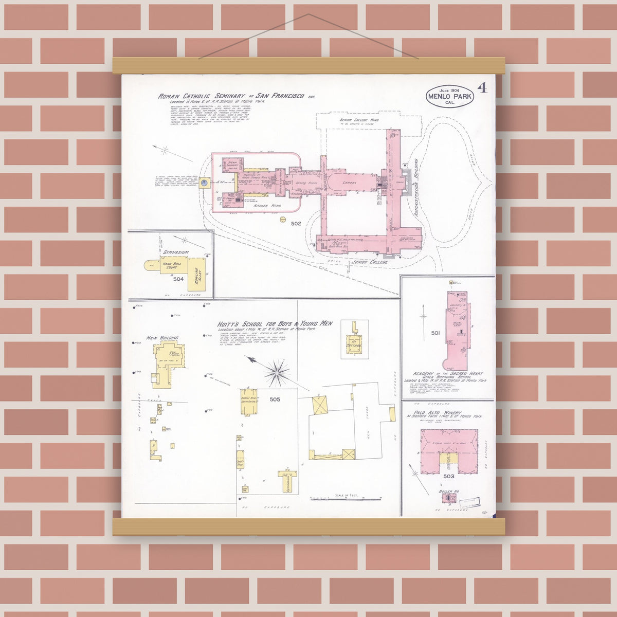 Old map wall art mockup — magnetic wood frame on brick wall — Sanborn Fire Insurance Map from Menlo Park, San Mateo County, California (1904), Sheet #0004