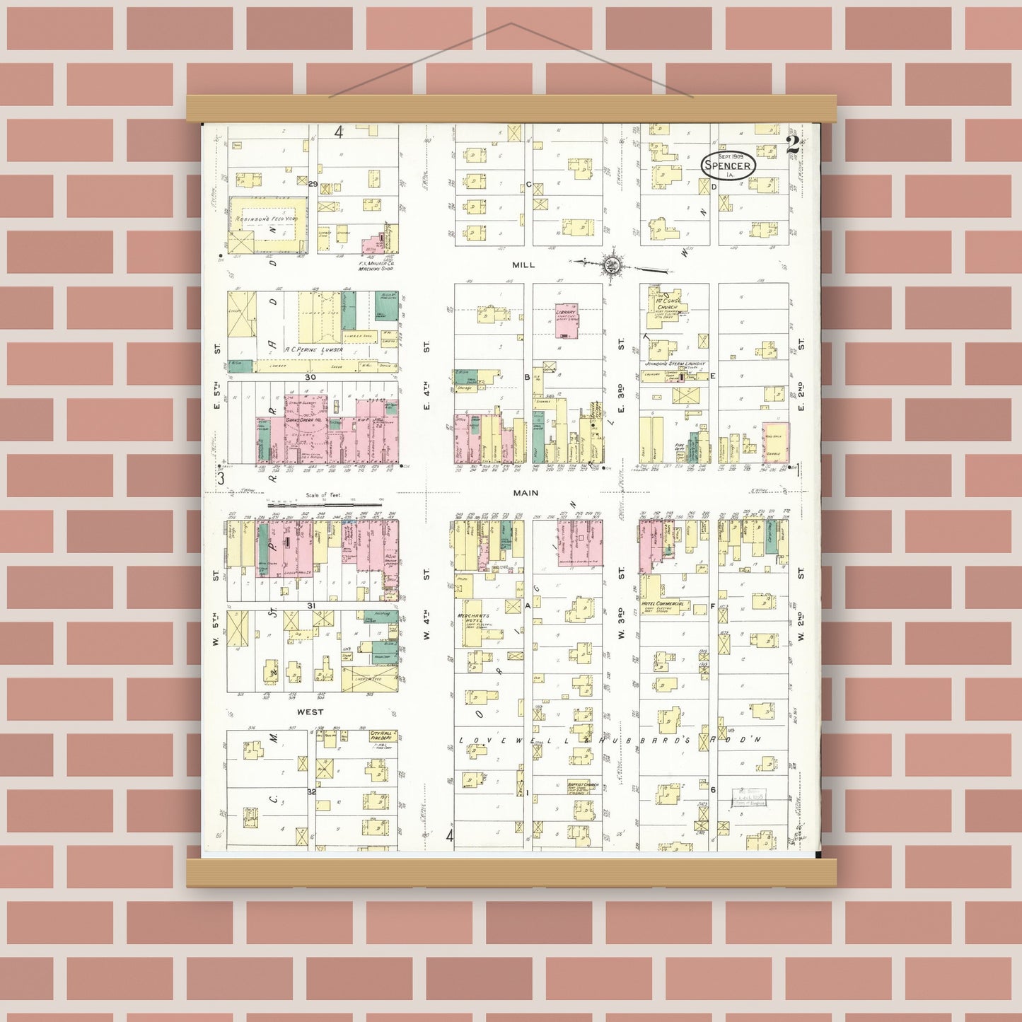 Old map wall art mockup — magnetic wood frame on brick wall — Sanborn Fire Insurance Map from Spencer, Clay County, Iowa (1909), Sheet #0002
