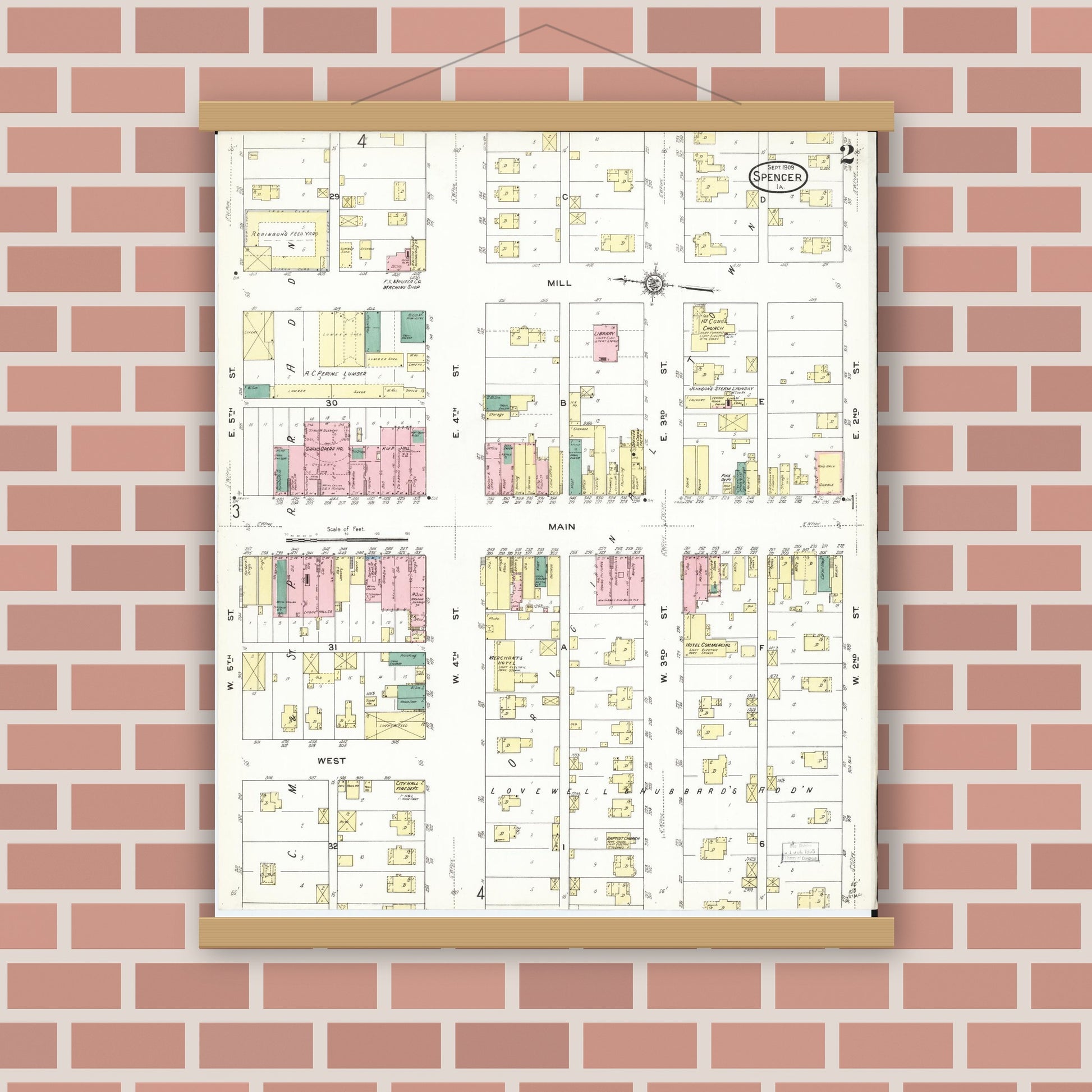 Old map wall art mockup — magnetic wood frame on brick wall — Sanborn Fire Insurance Map from Spencer, Clay County, Iowa (1909), Sheet #0002