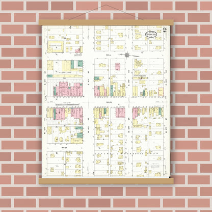 Old map wall art mockup — magnetic wood frame on brick wall — Sanborn Fire Insurance Map from Spencer, Clay County, Iowa (1909), Sheet #0002