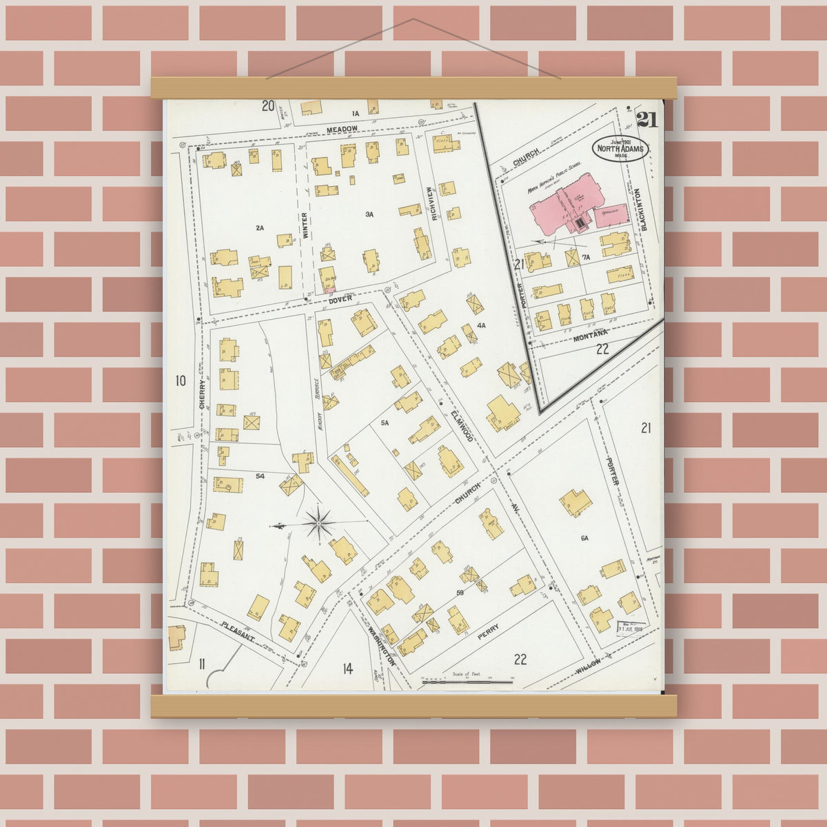 Old map wall art mockup — magnetic wood frame on brick wall — Sanborn Fire Insurance Map from North Adams, Berkshire County, Massachusetts (1901), Sheet #0021