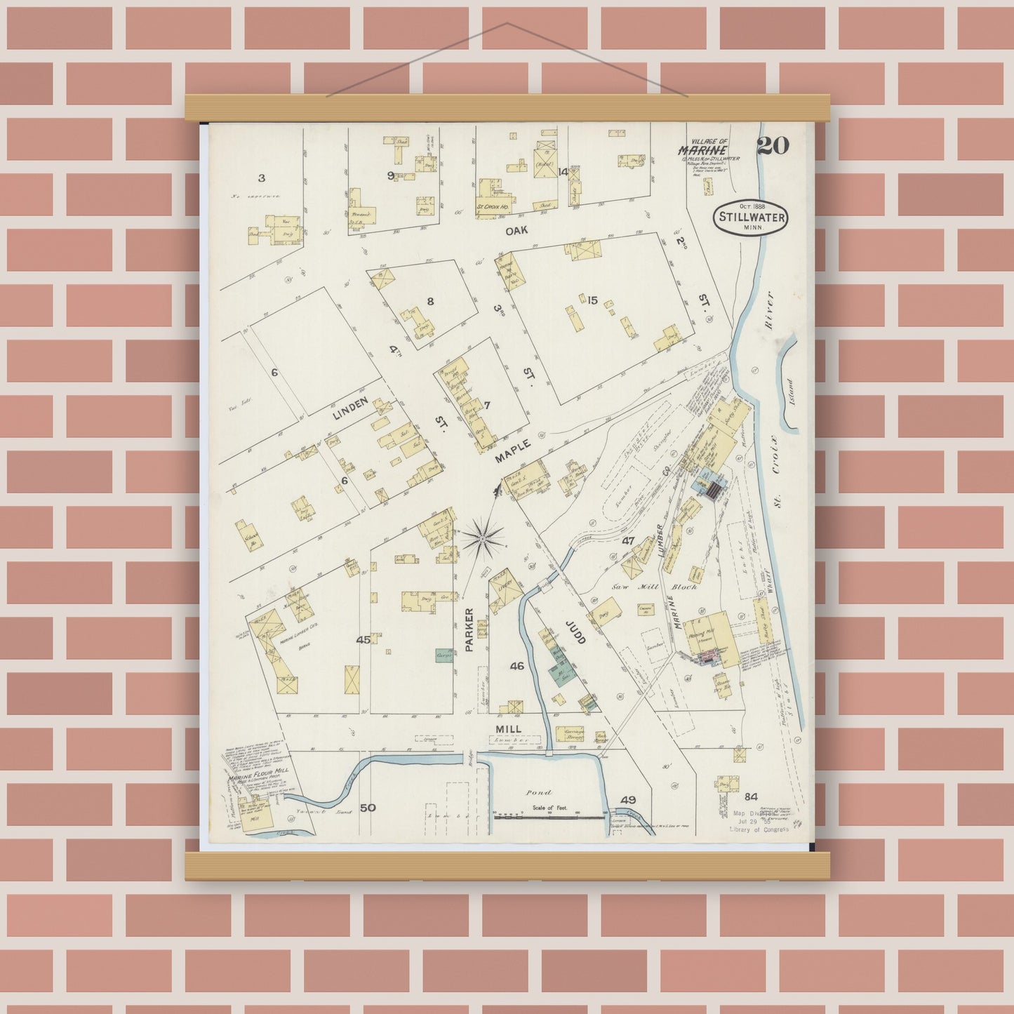 Old map wall art mockup — magnetic wood frame on brick wall — Sanborn Fire Insurance Map from Stillwater, Washington County, Minnesota (1888), Sheet #0020